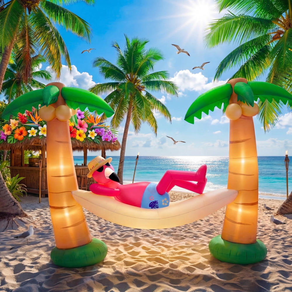 Shappy front view of flamingo in hammock and palm trees showing vibrant colors