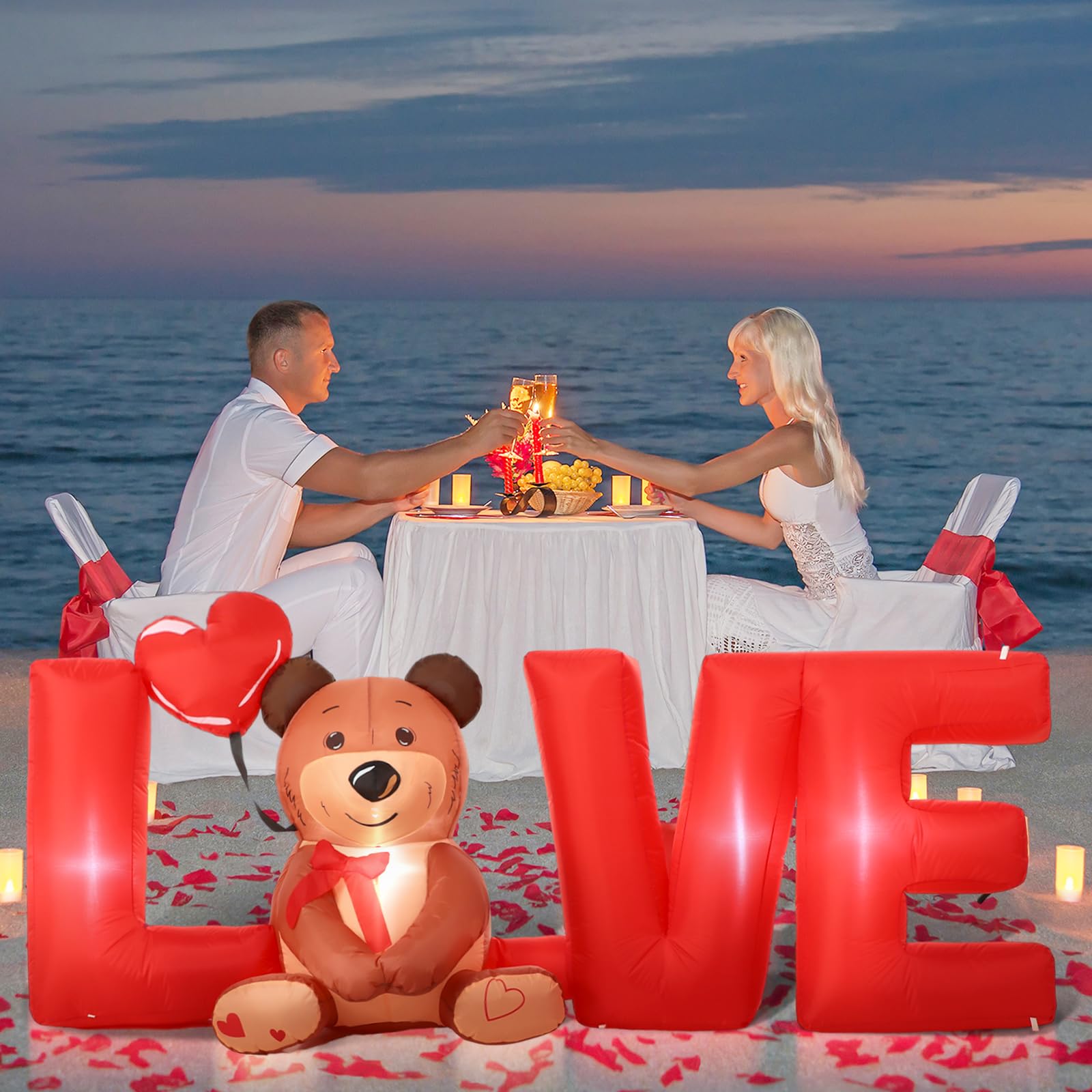 Shappy yard scene with inflatable, creates romantic atmosphere