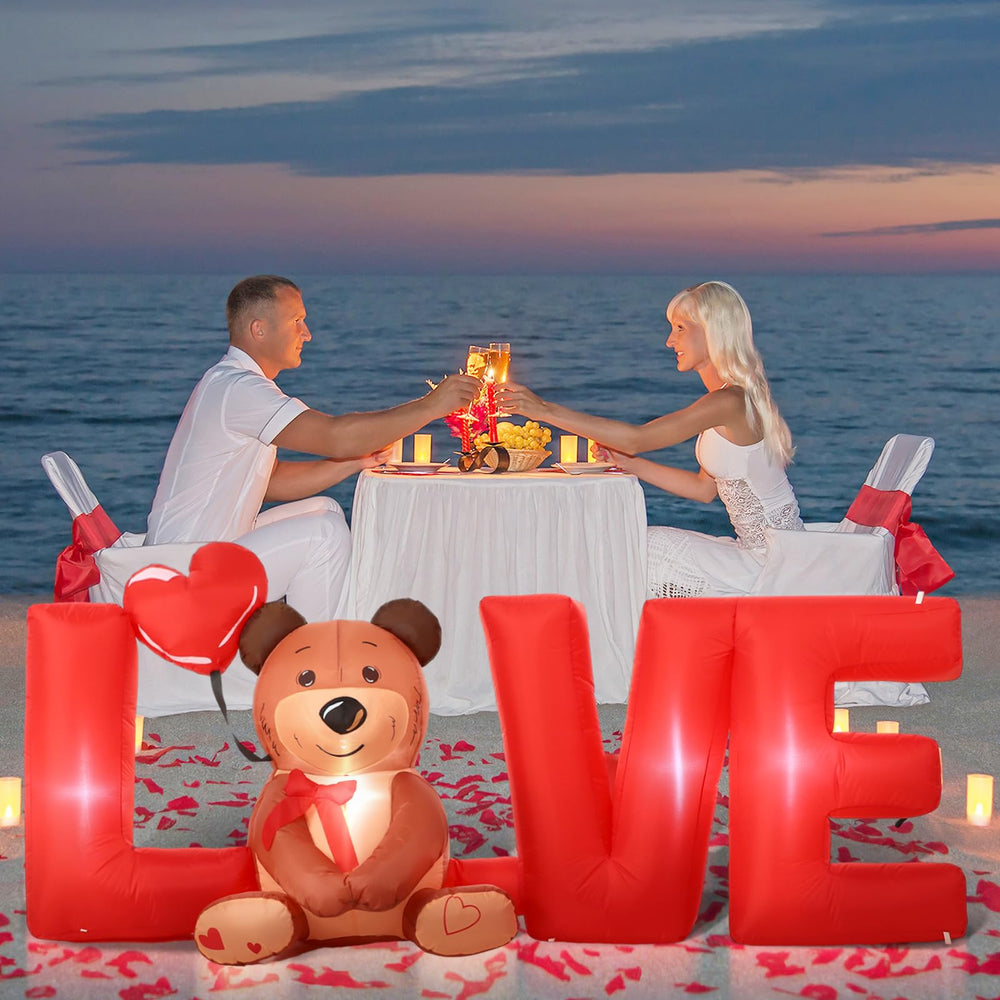 Shappy yard scene with inflatable, creates romantic atmosphere