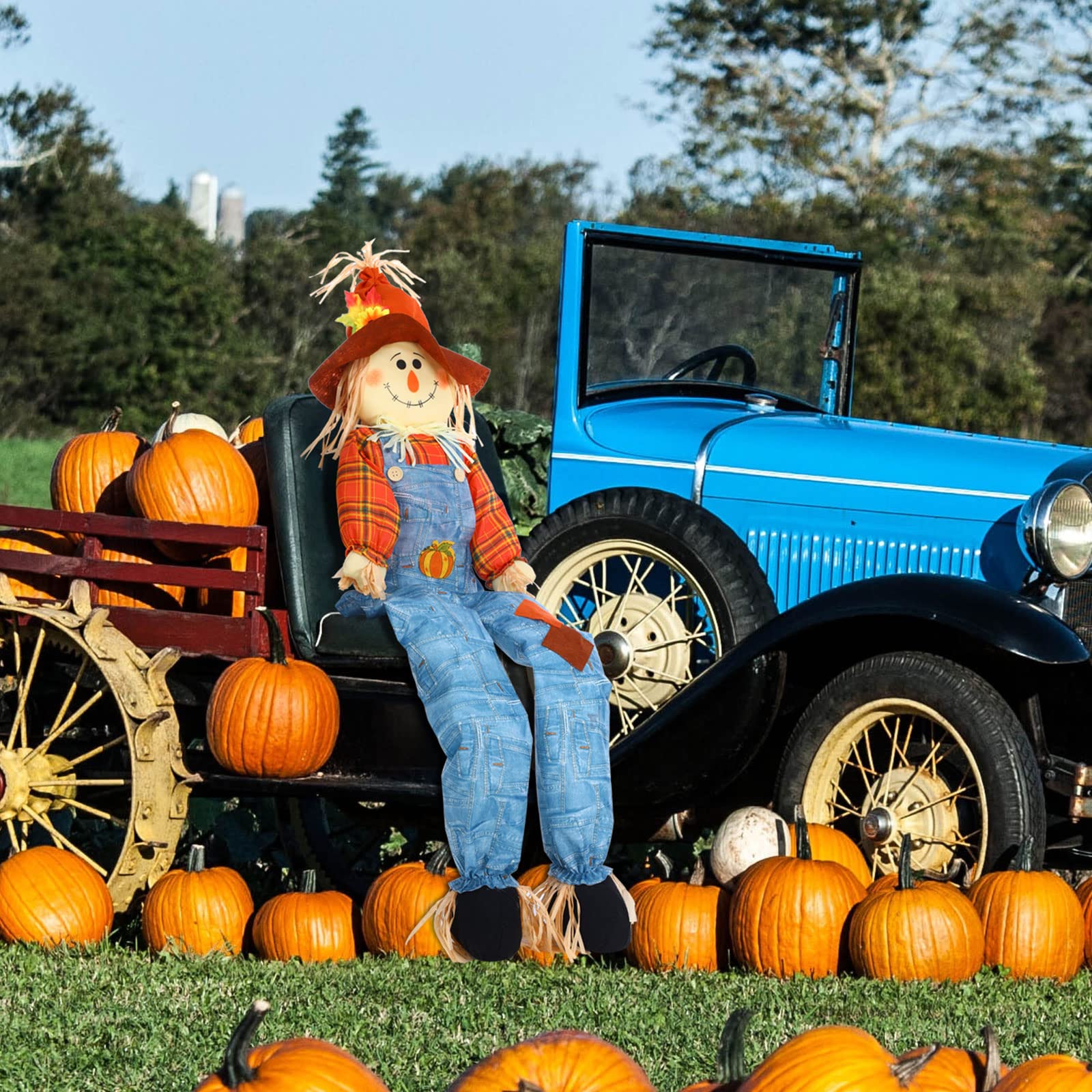 Shappy scarecrow posed limbs on bench demonstrating flexible styling