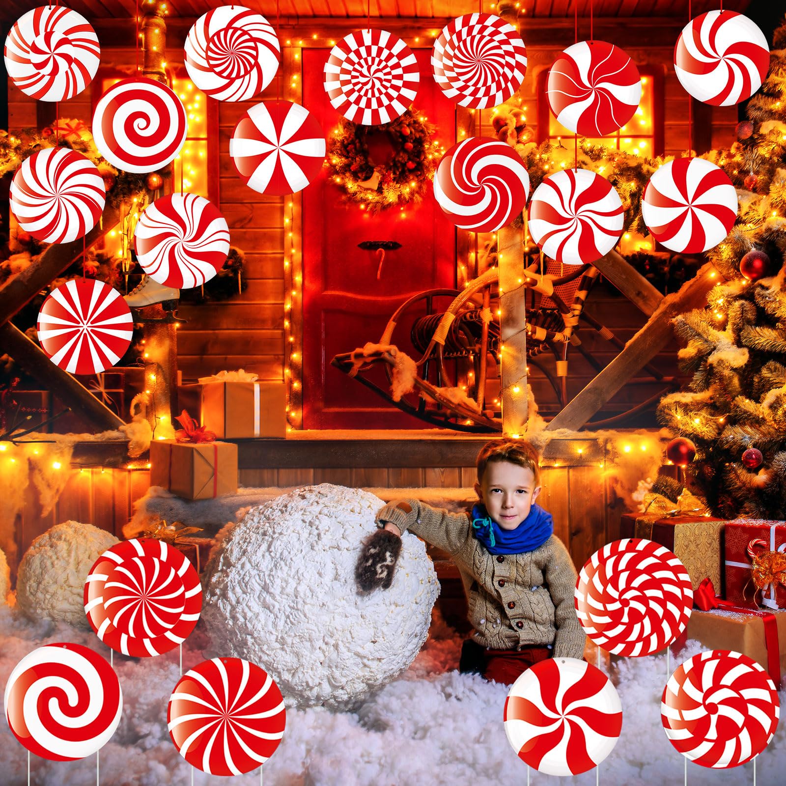 Shappy peppermint ornaments attached to a porch rail demonstrating cohesive yard styling benefit