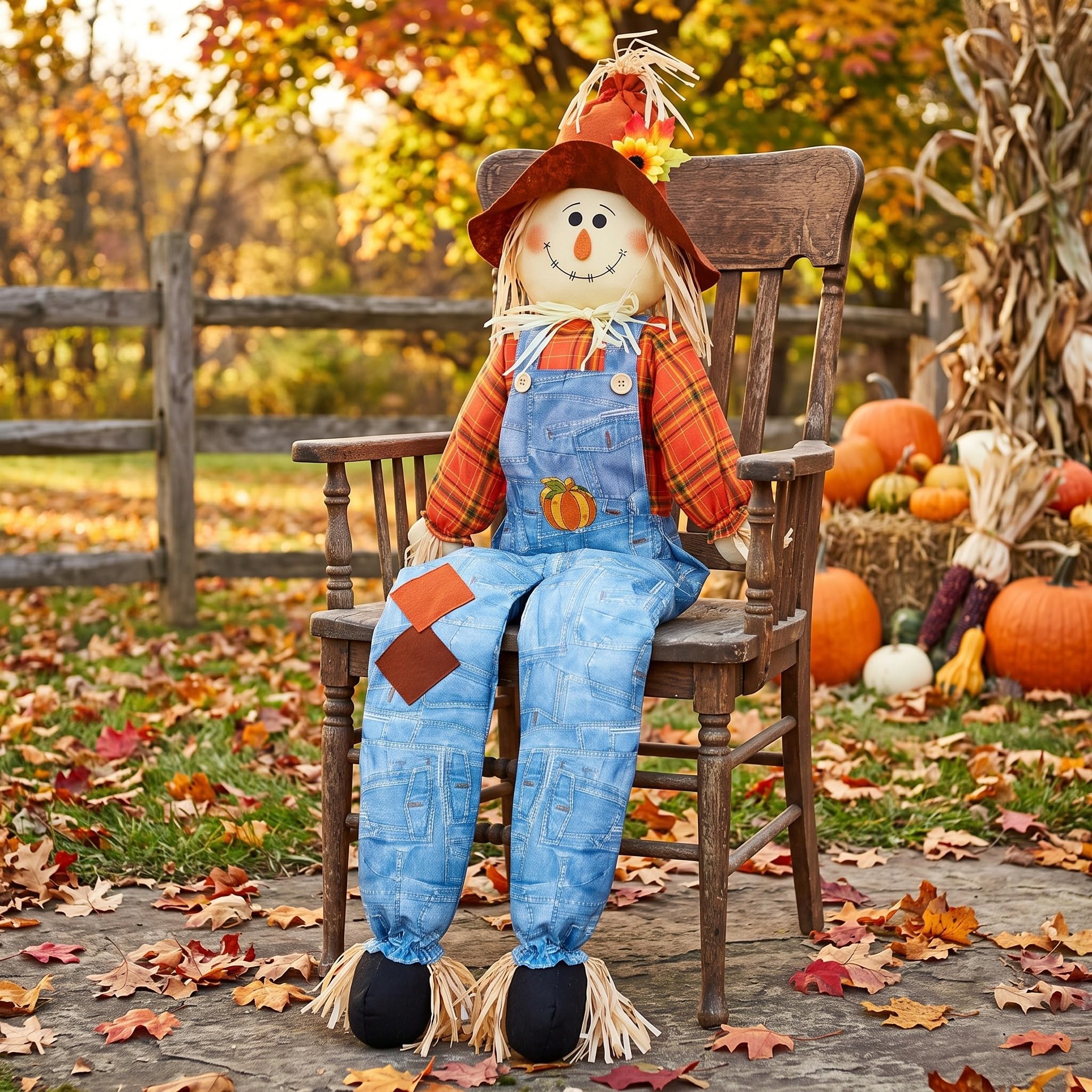 Shappy scarecrow scale next to chair illustrating full 60 inch height