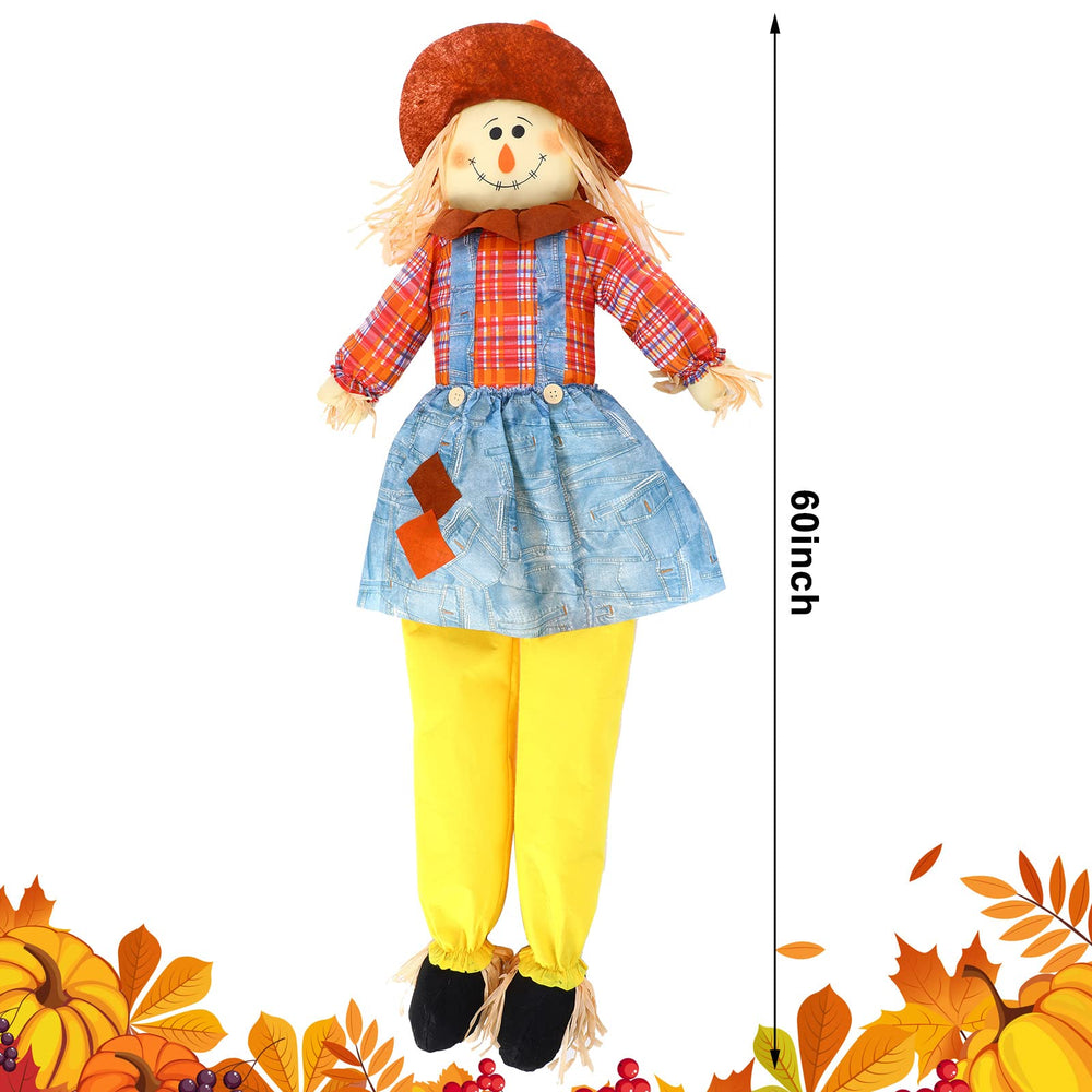 Shappy scarecrow close-up of fabric face and stitched smile for friendly curb appeal