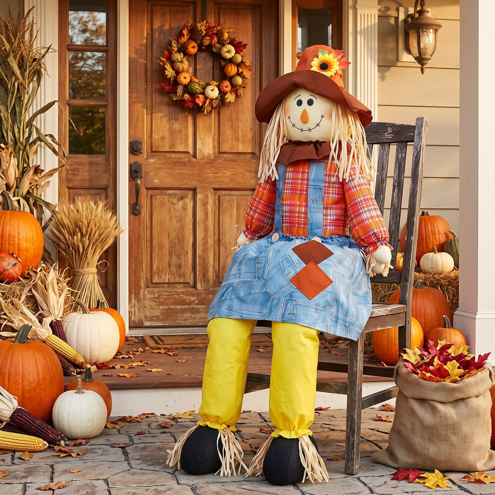Shappy scarecrow front view showing full 60 inch height and cheerful design