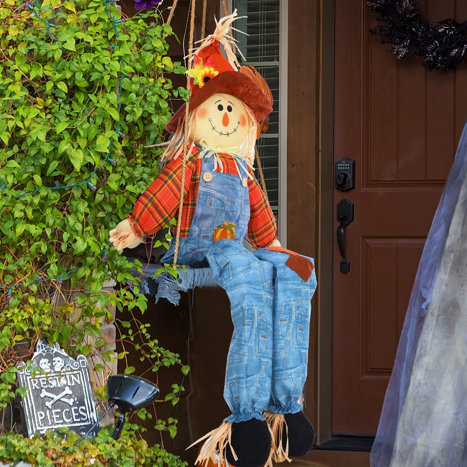 Shappy scarecrow side profile showing weighted base for stable seating