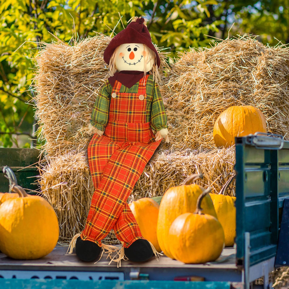 Shappy next to pumpkins showing size and scale for garden displays