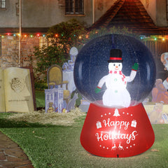 Shappy snow globe lit at night with LEDs creating a glowing yard focal point