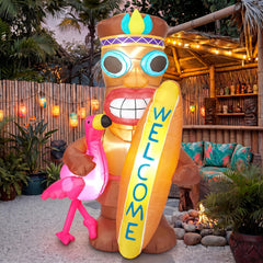 Shappy tiki flamingo illuminated LEDs at night enhancing party atmosphere