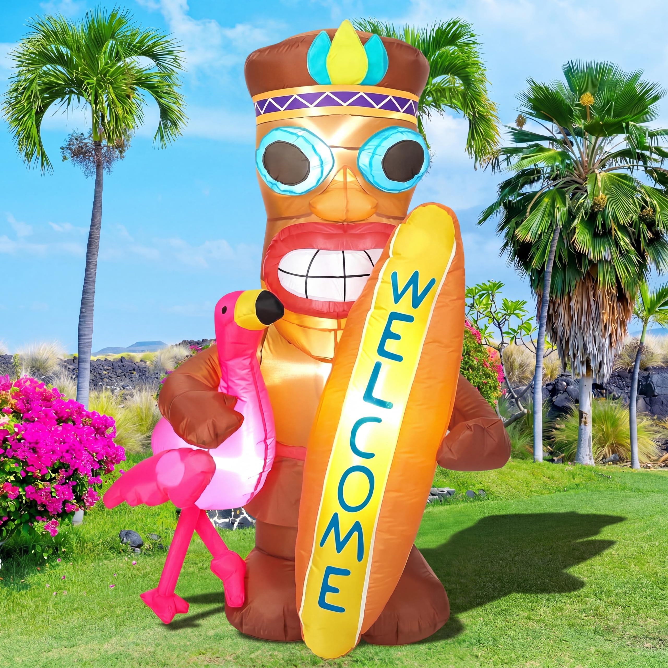 Shappy tiki flamingo beside pool creating festive tropical scene benefit