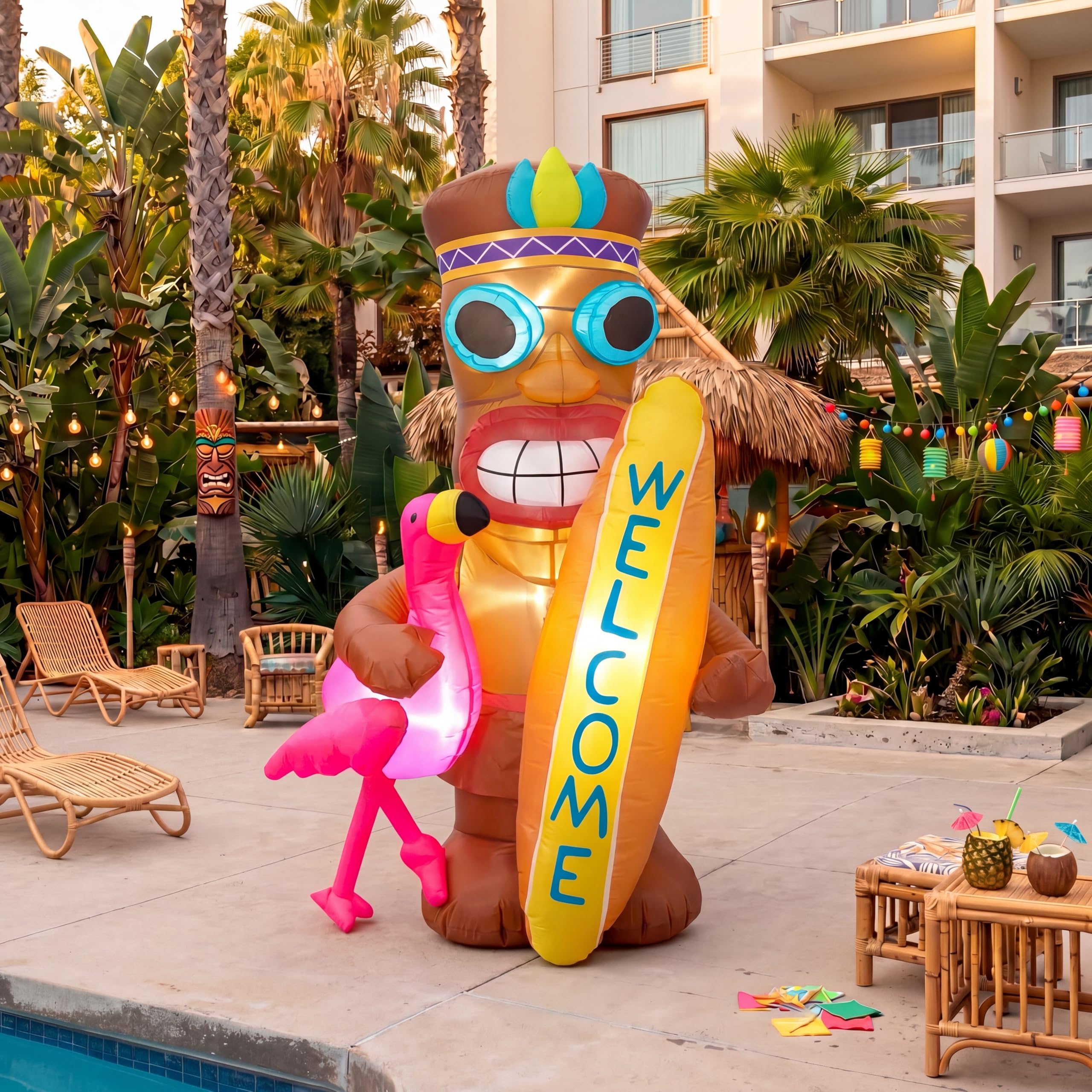 Shappy tiki flamingo next to person showing scale and strong visual impact