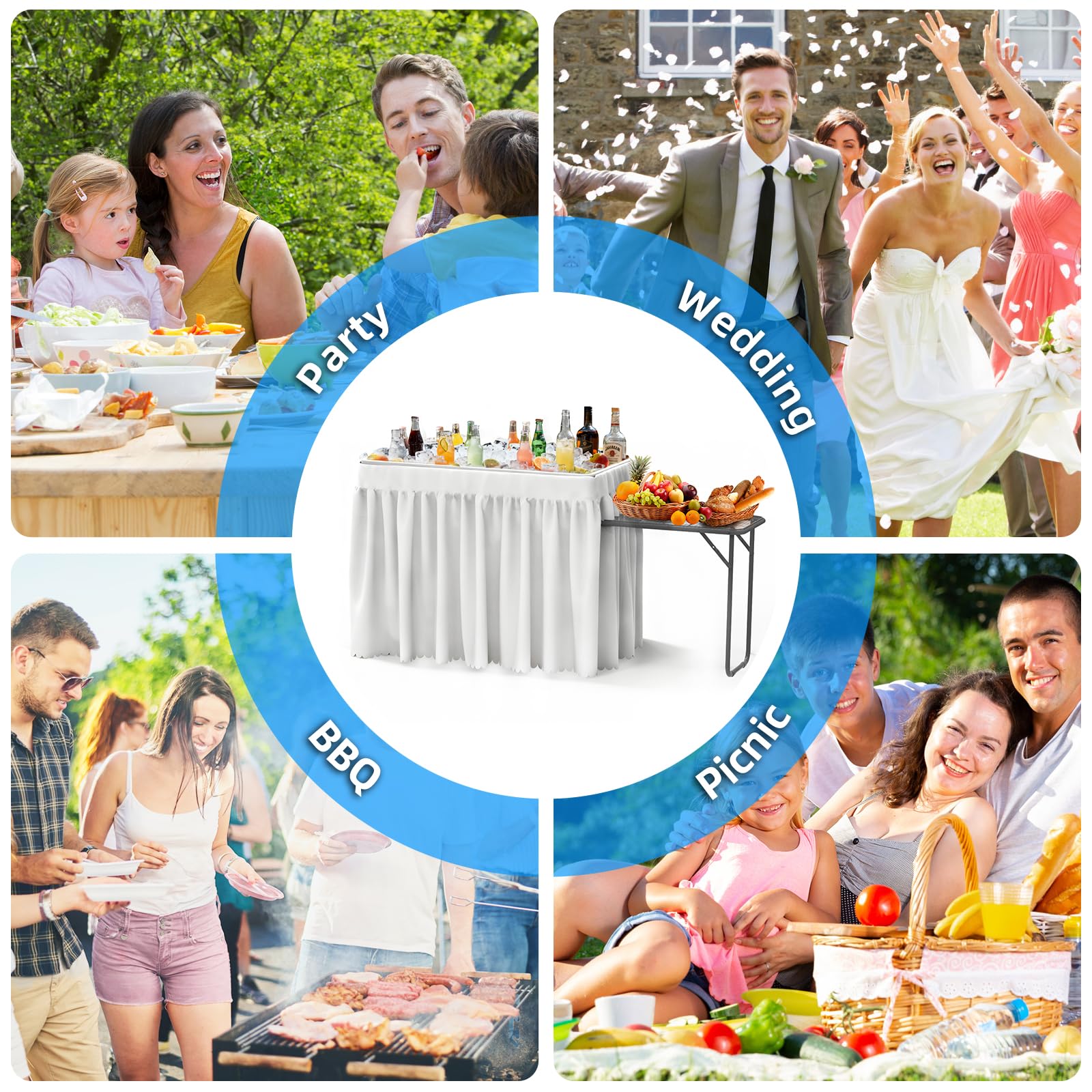 SHAREWIN lifestyle backyard party setup showing attractive self-serve beverage bar