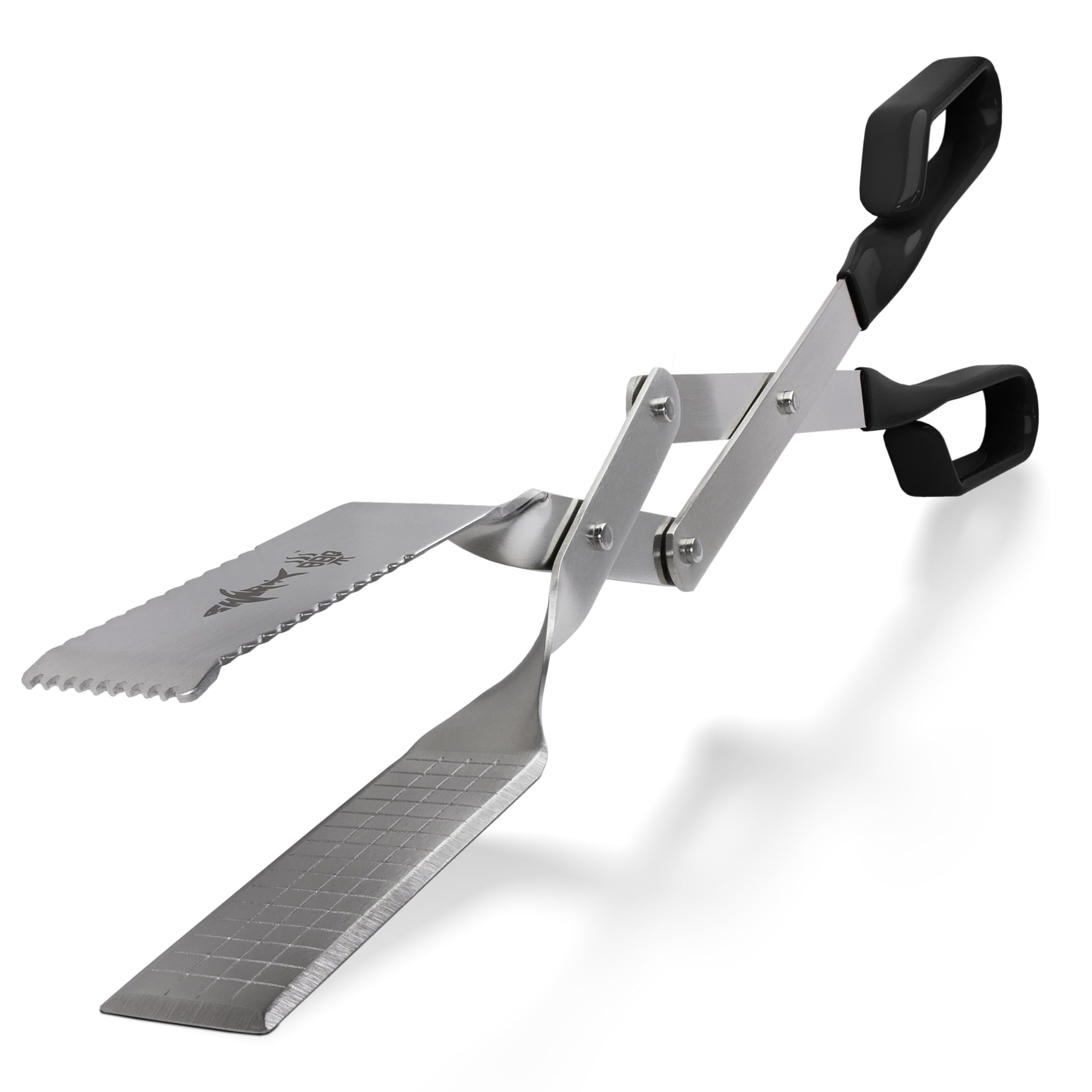 Shark BBQ front view of 17-inch black grill tongs showing professional finish and durability