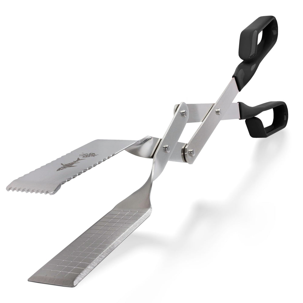 Shark BBQ front view of 17-inch black grill tongs showing professional finish and durability
