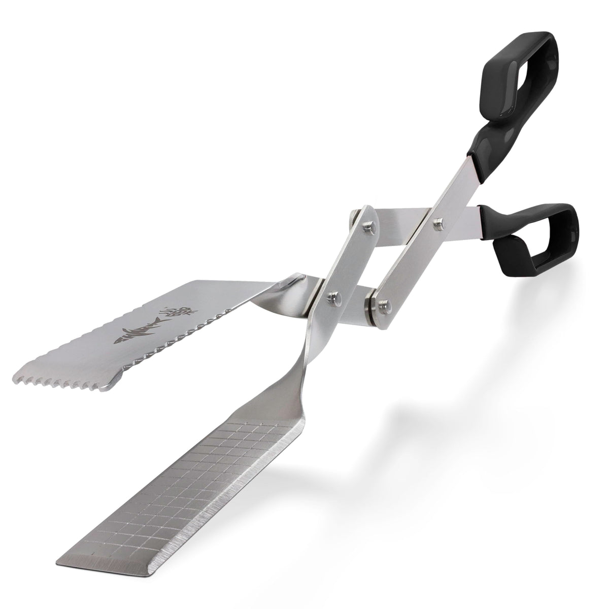 Shark BBQ front view of 17-inch black grill tongs showing professional finish and durability