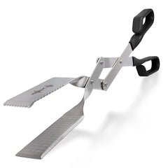 Shark BBQ front view of 17-inch black grill tongs showing professional finish and durability