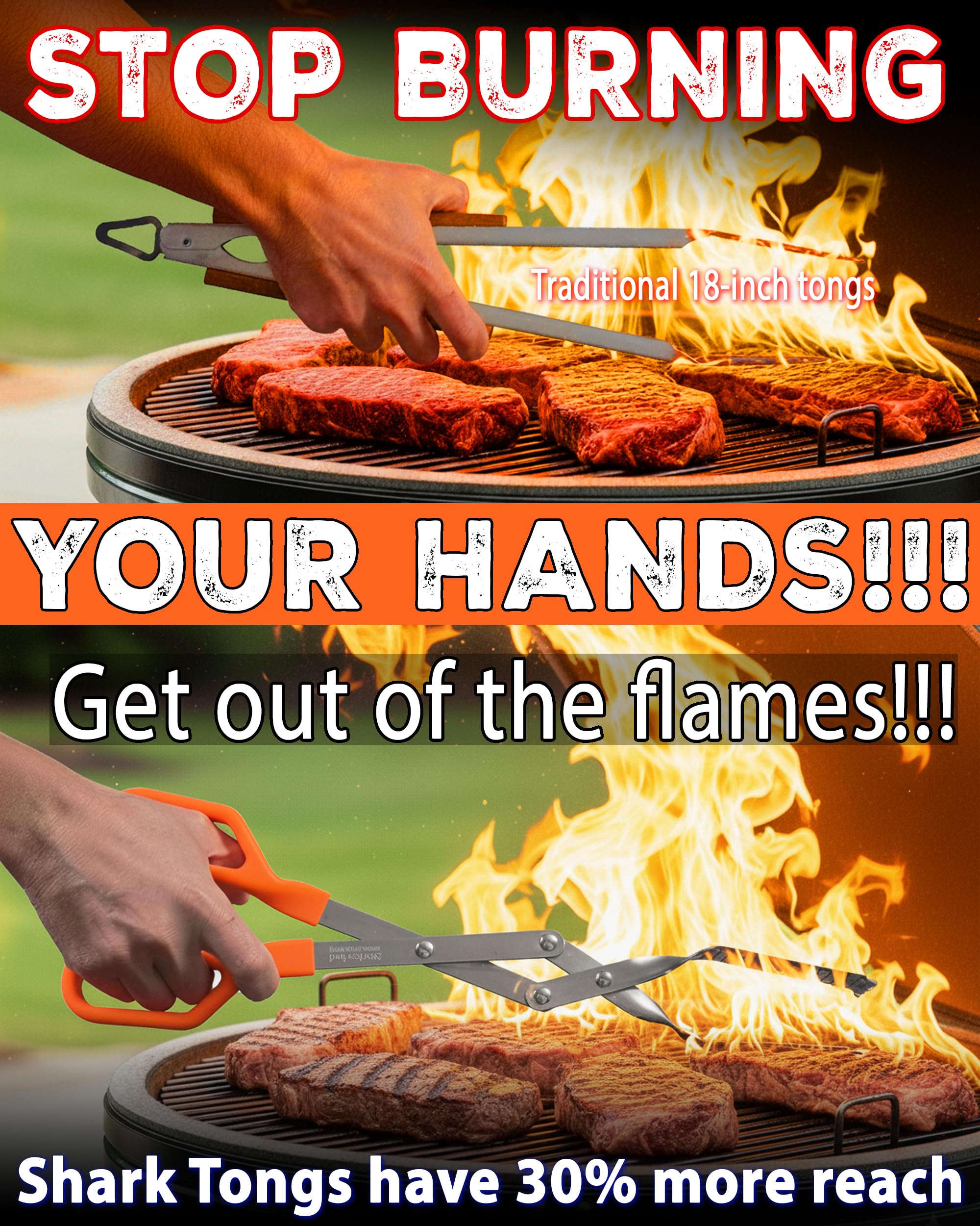 Shark BBQ ergonomic silicone handles close-up showing cool-touch comfort for large hands during long cooks