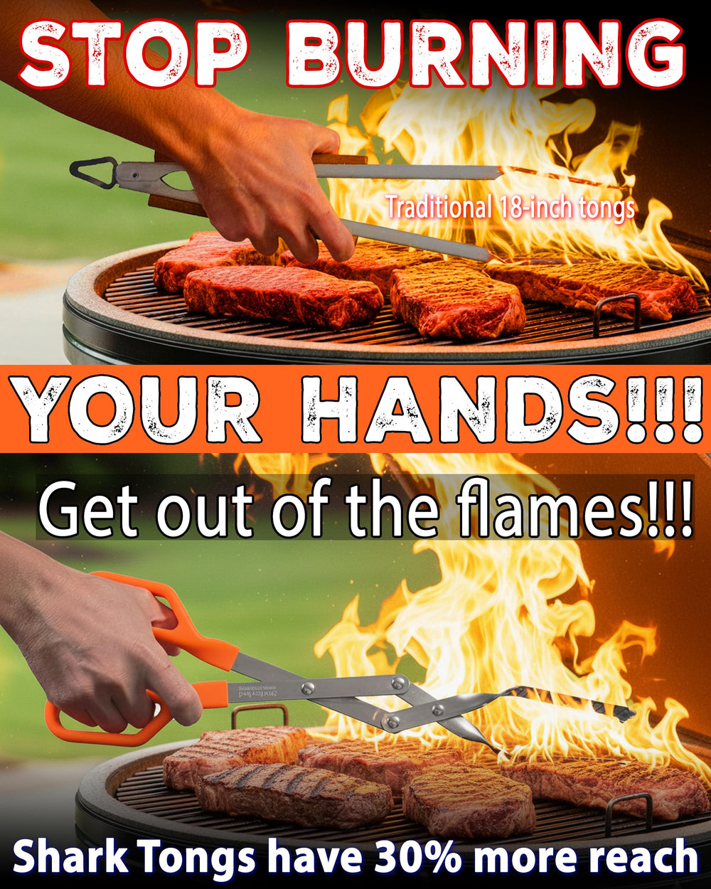 Shark BBQ ergonomic silicone handles close-up showing cool-touch comfort for large hands during long cooks