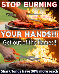 Shark BBQ ergonomic silicone handles close-up showing cool-touch comfort for large hands during long cooks