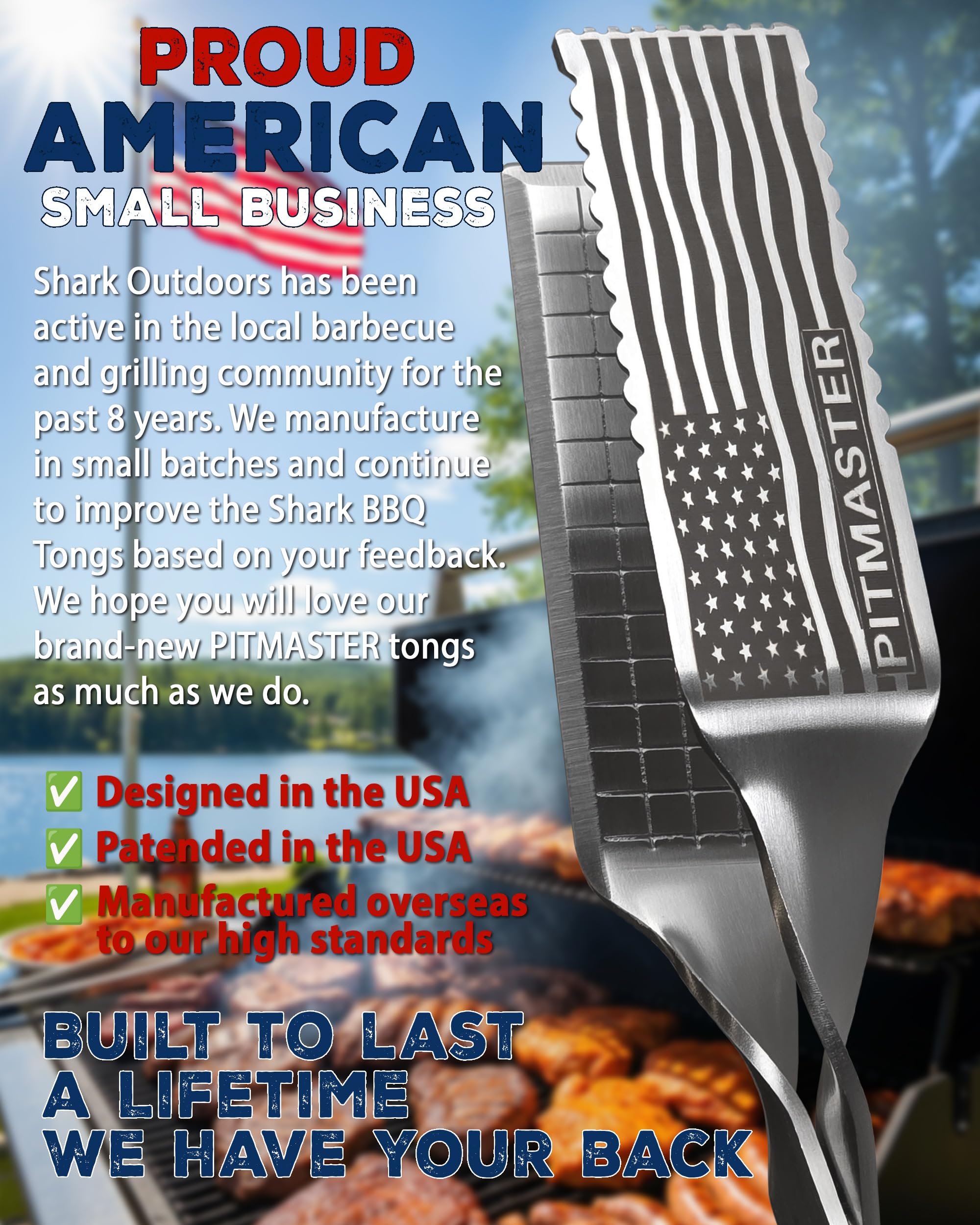 Shark BBQ tongs in use flipping steak on a hot grill demonstrating secure grip and flare-up distance