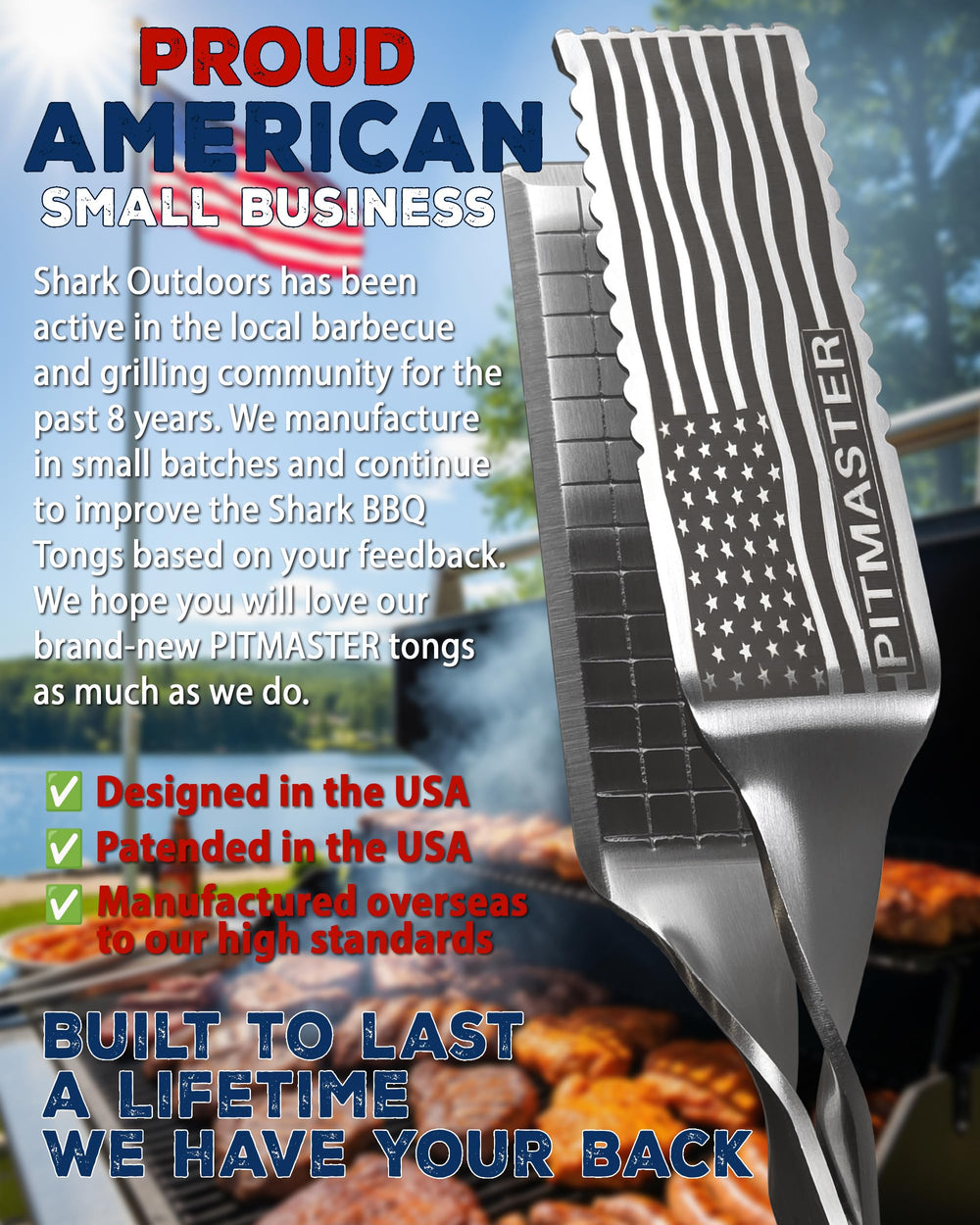 Shark BBQ tongs in use flipping steak on a hot grill demonstrating secure grip and flare-up distance