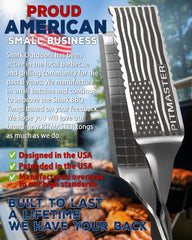 Shark BBQ tongs in use flipping steak on a hot grill demonstrating secure grip and flare-up distance