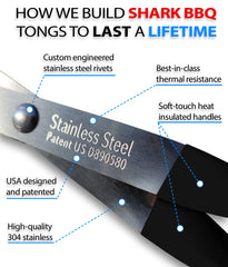 Shark BBQ tongs next to ruler showing 17.5-inch reach for safer grilling