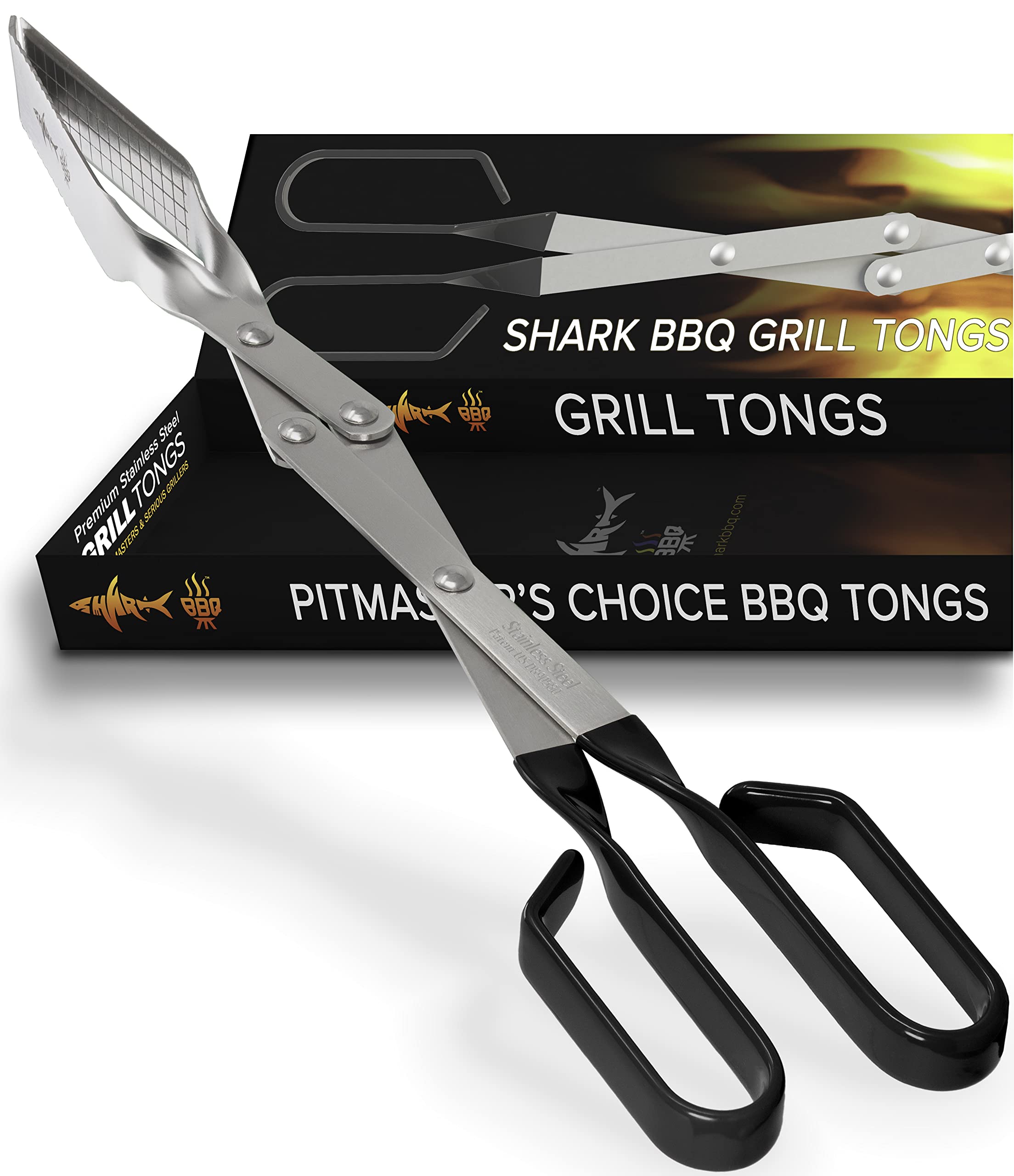 Shark BBQ tongs beside backyard grill and food showing ready-to-use lifestyle benefit