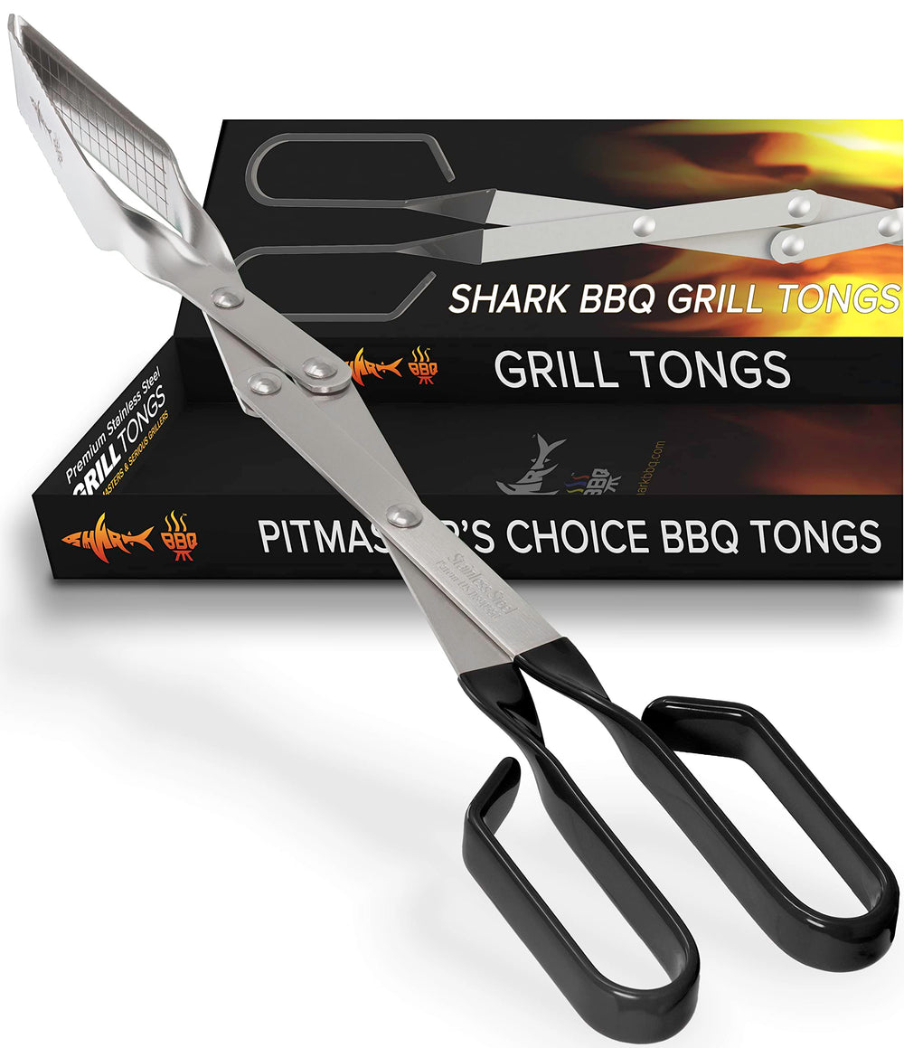 Shark BBQ tongs beside backyard grill and food showing ready-to-use lifestyle benefit