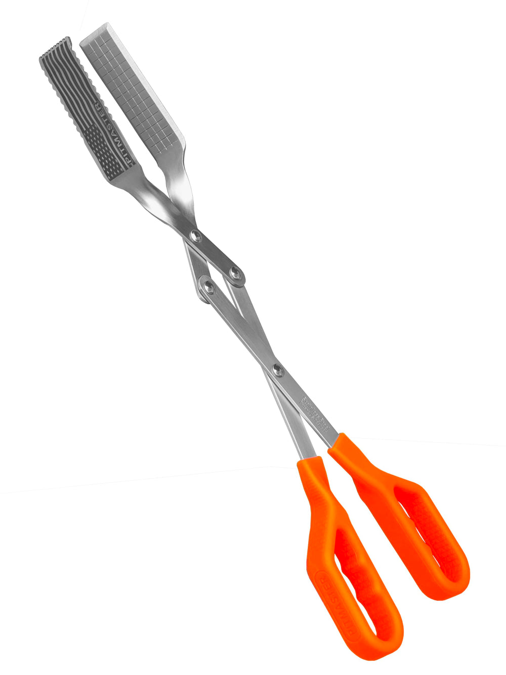 Shark BBQ tongs held beside a ruler showing 17.5-inch scale for extra reach and safe handling