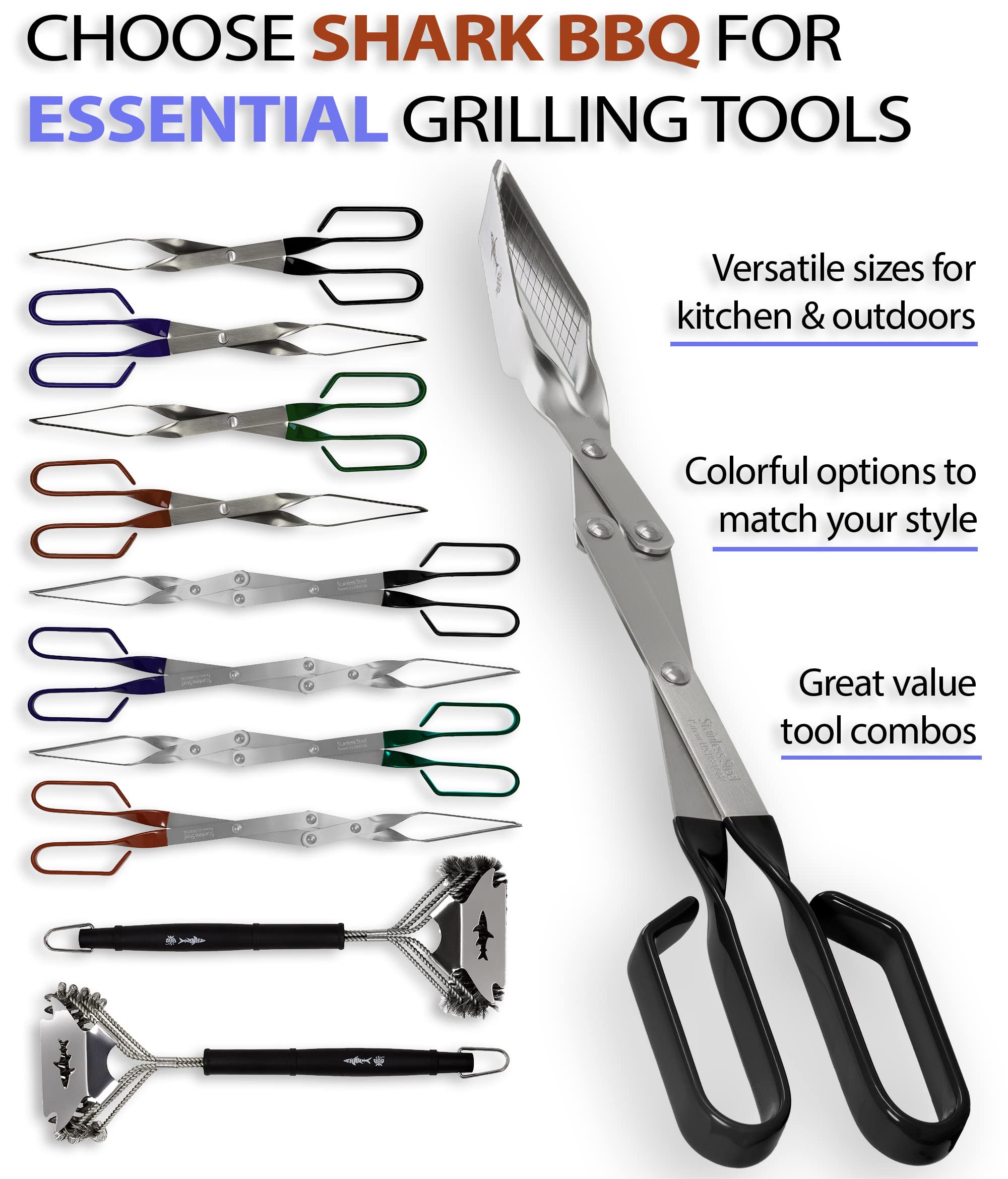 Shark BBQ tongs flipping steak on grill demonstrating precise control and safety