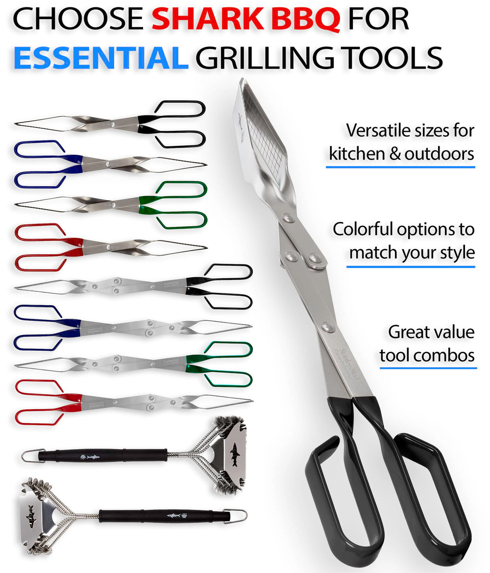 Shark BBQ tongs flipping steak on grill demonstrating precise control and safety