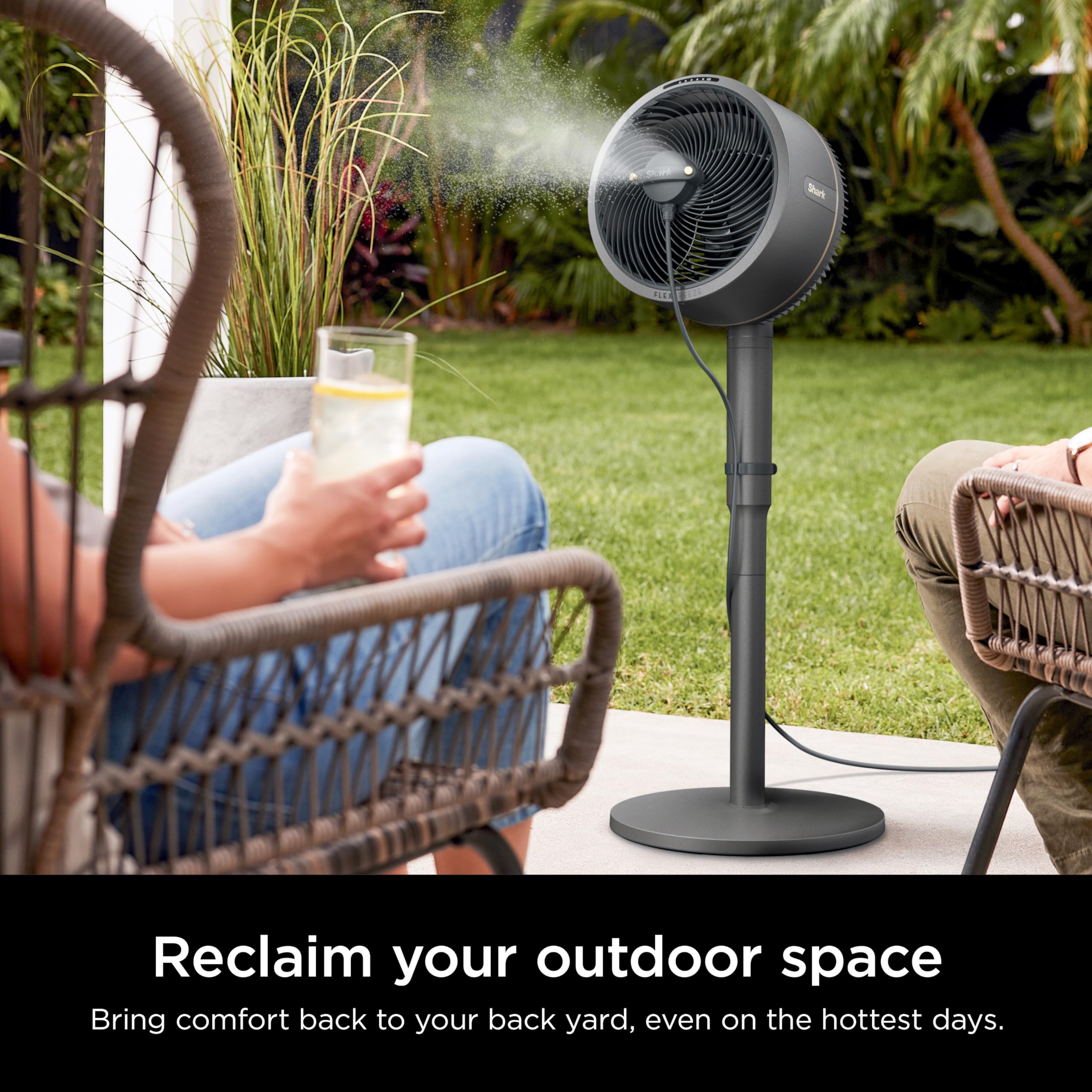 Shark InstaCool in-use patio scene offering immediate cooling comfort for outdoor seating