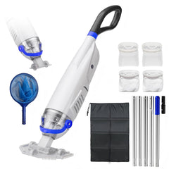 Sharkswell front view of packaged cordless pool vacuum showing kit contents and convenience