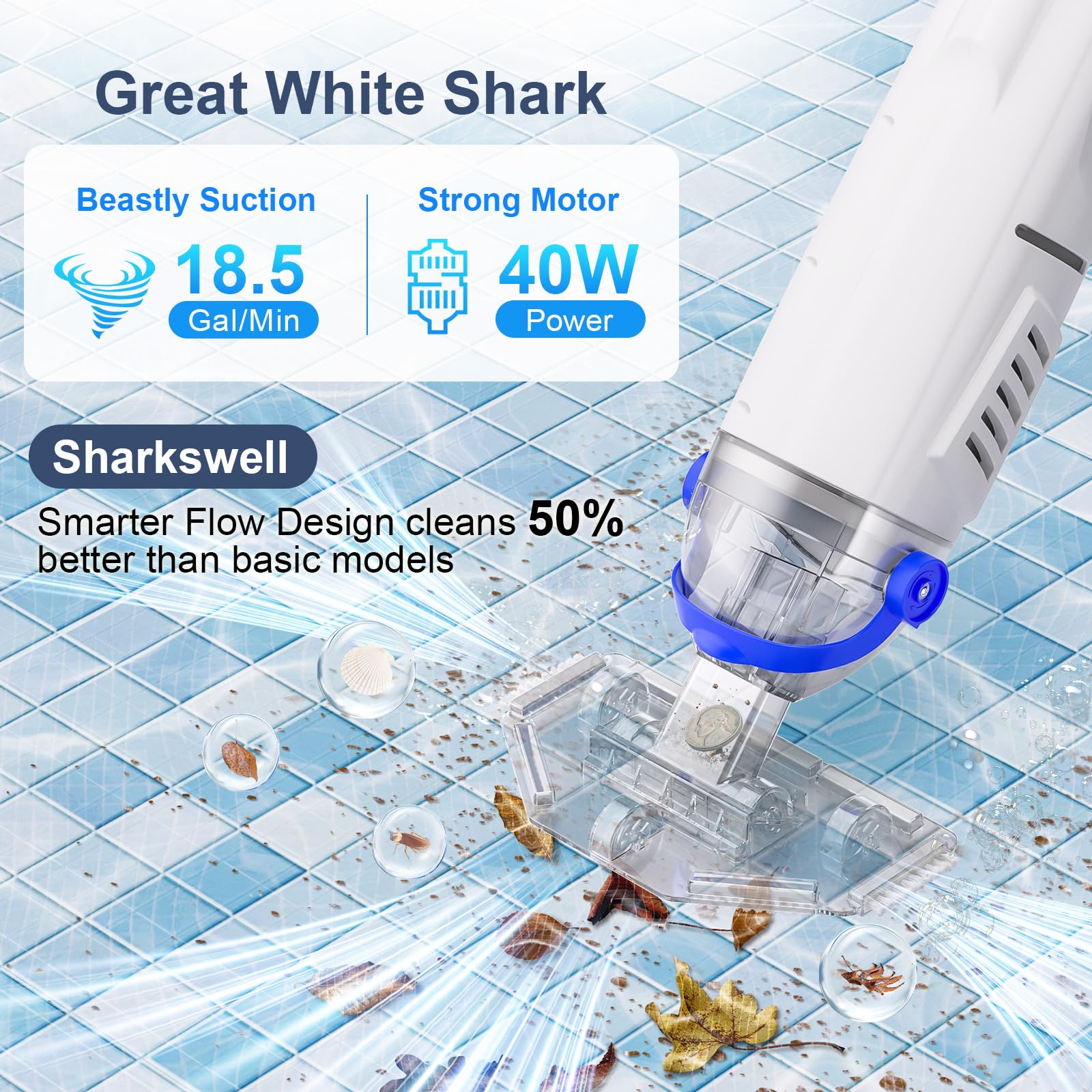 Sharkswell telescopic pole fully extended demonstrating 98-inch reach for deep pools