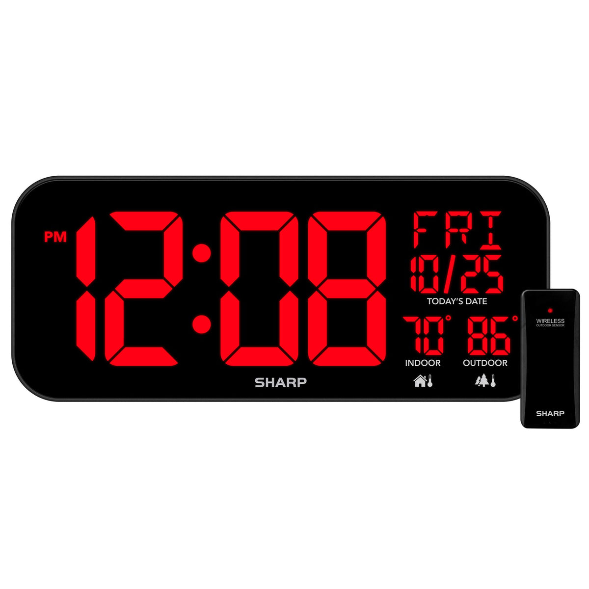 Sharp front display showing large time for quick readability