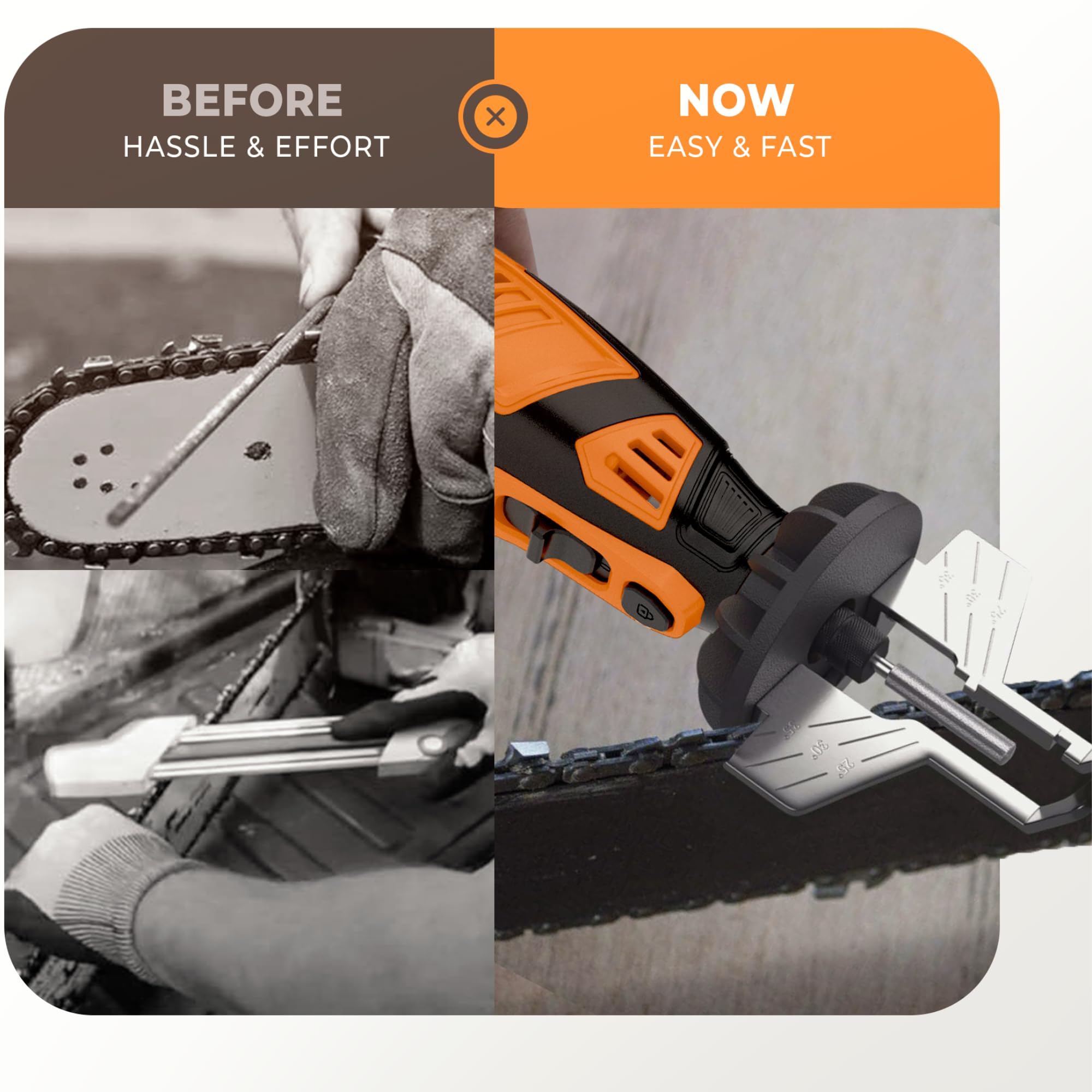 Sharp Pebble sharpening tool in use on a chainsaw chain for quicker results