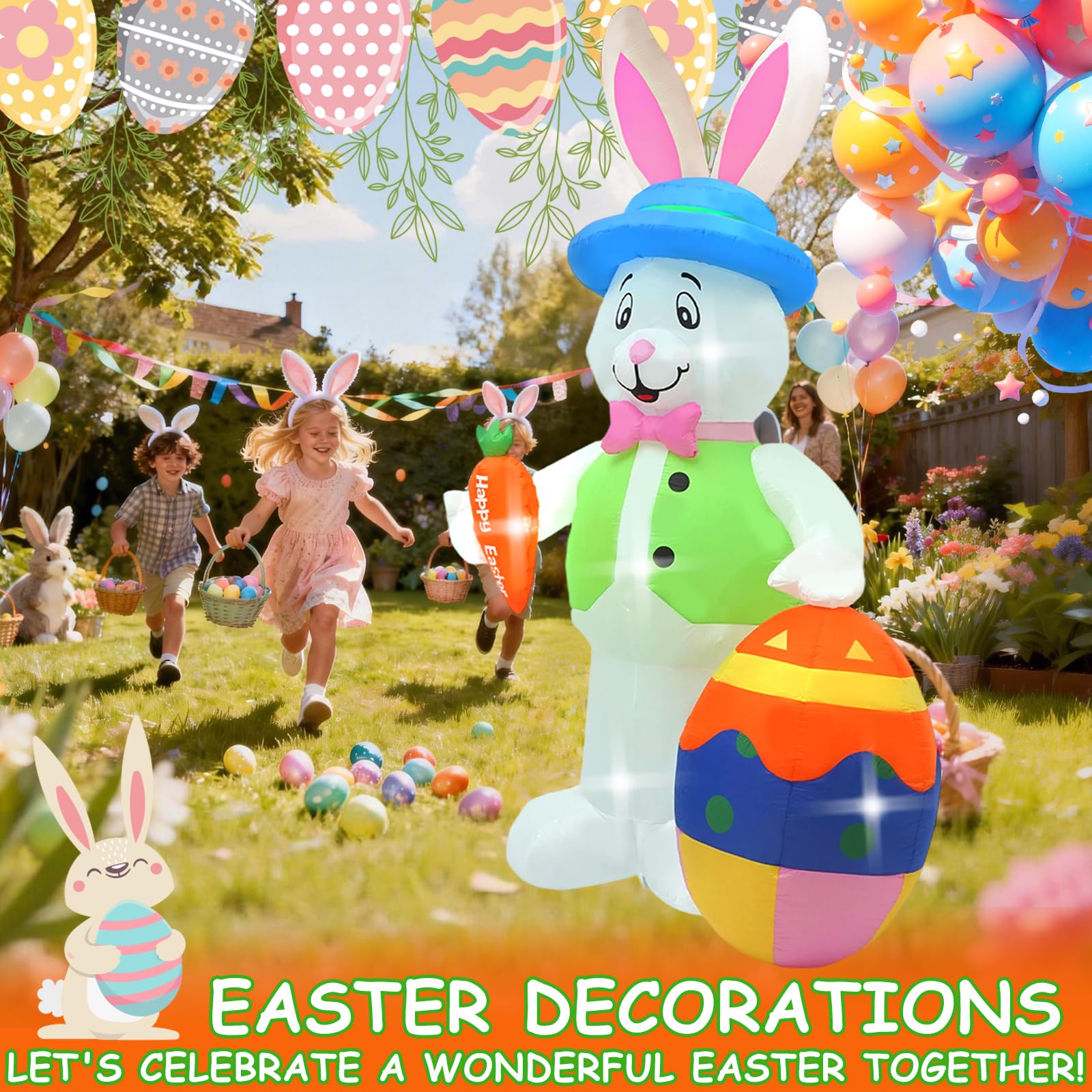 SHDEJTG family posing with inflatable bunny creating event atmosphere