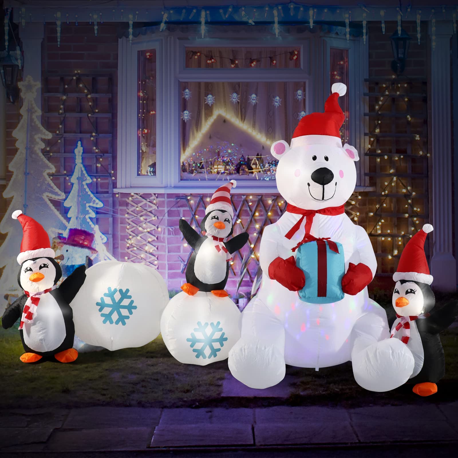 SHDEJTG front view of inflatable snowman and polar bear showing festive curb appeal