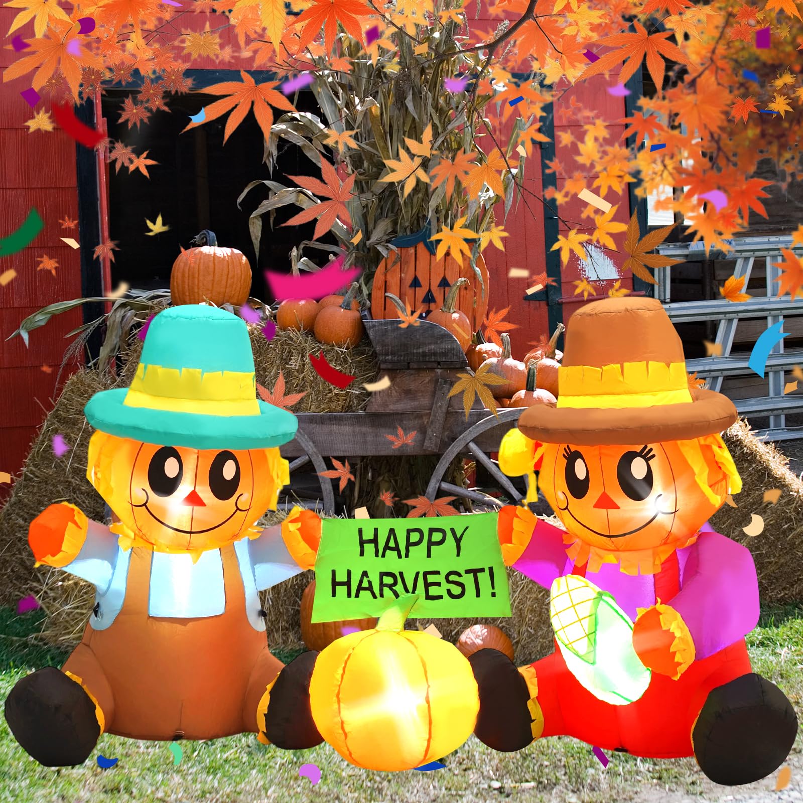 SHDEJTG front view of two scarecrows and pumpkin lit for fast festive impact