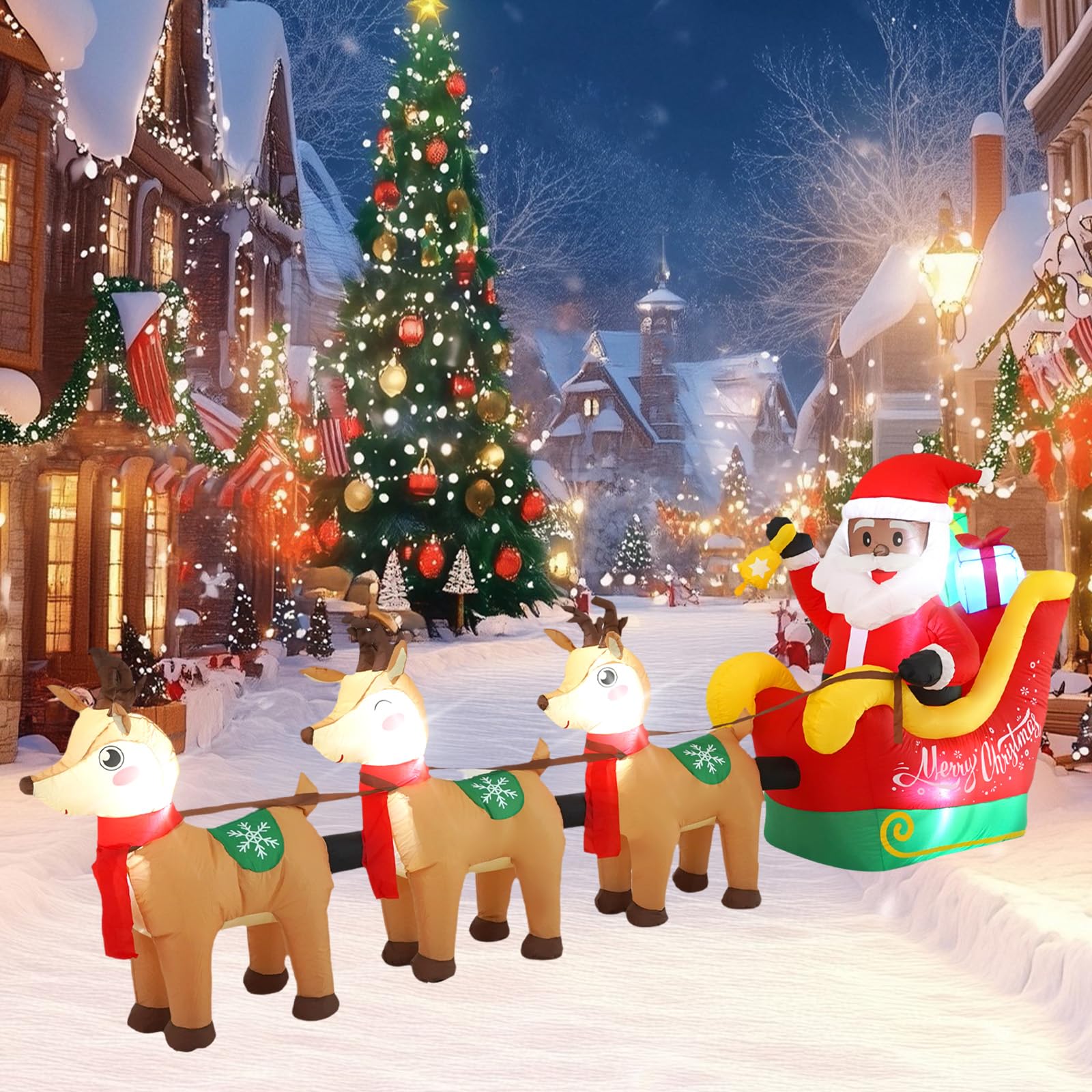 SHDEJTG front view of Sanlu Santa sleigh inflatable showing festive curb appeal