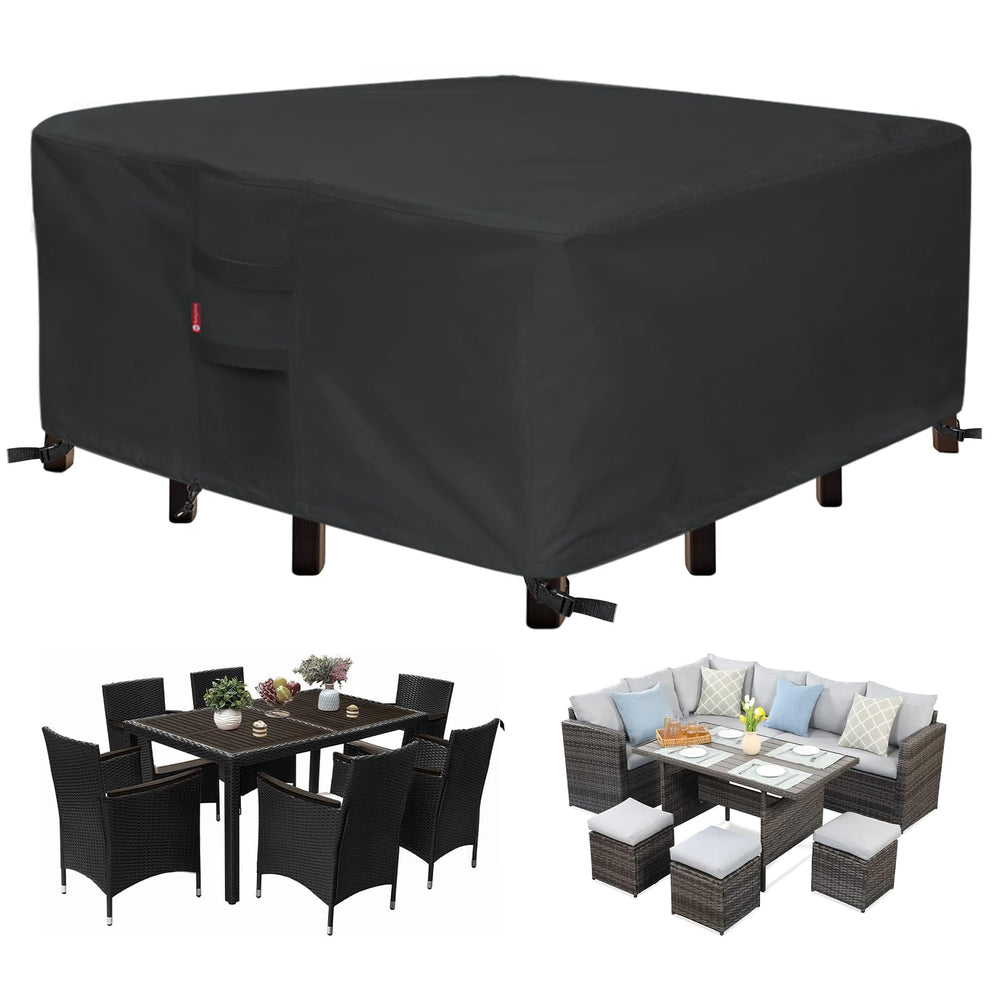 SheeChung front view of square cover protecting patio set, keeps furniture dry