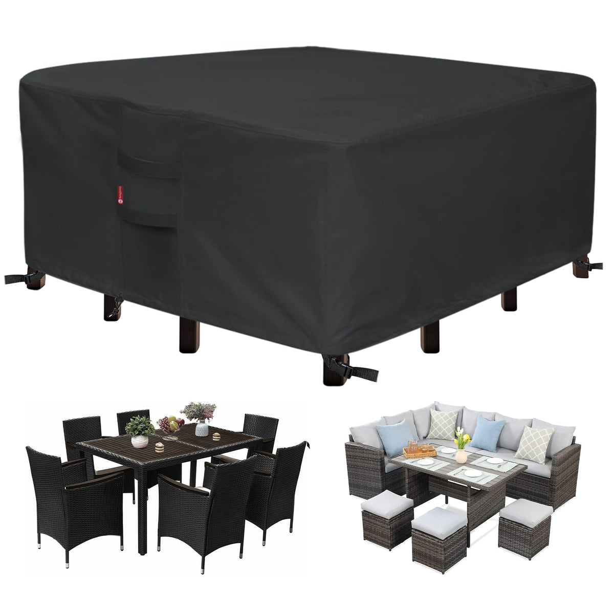 SheeChung front view of square cover protecting patio set, keeps furniture dry