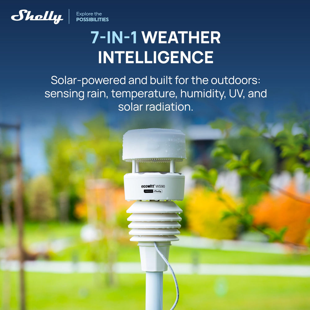 Shelly Ecowitt WS90 size comparison with hand showing compact, install-friendly scale
