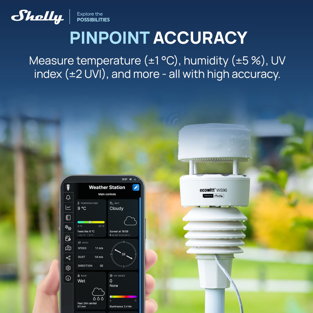 Shelly Ecowitt WS90 ultrasonic wind sensor closeup capturing accurate wind readings