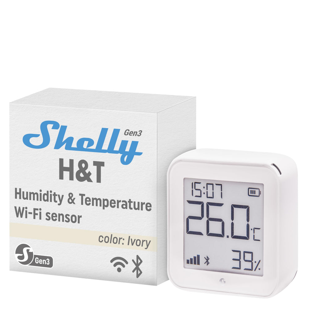 Shelly H&T Gen3 Ivory front view showing compact sensor and readable display benefit: effortless monitoring