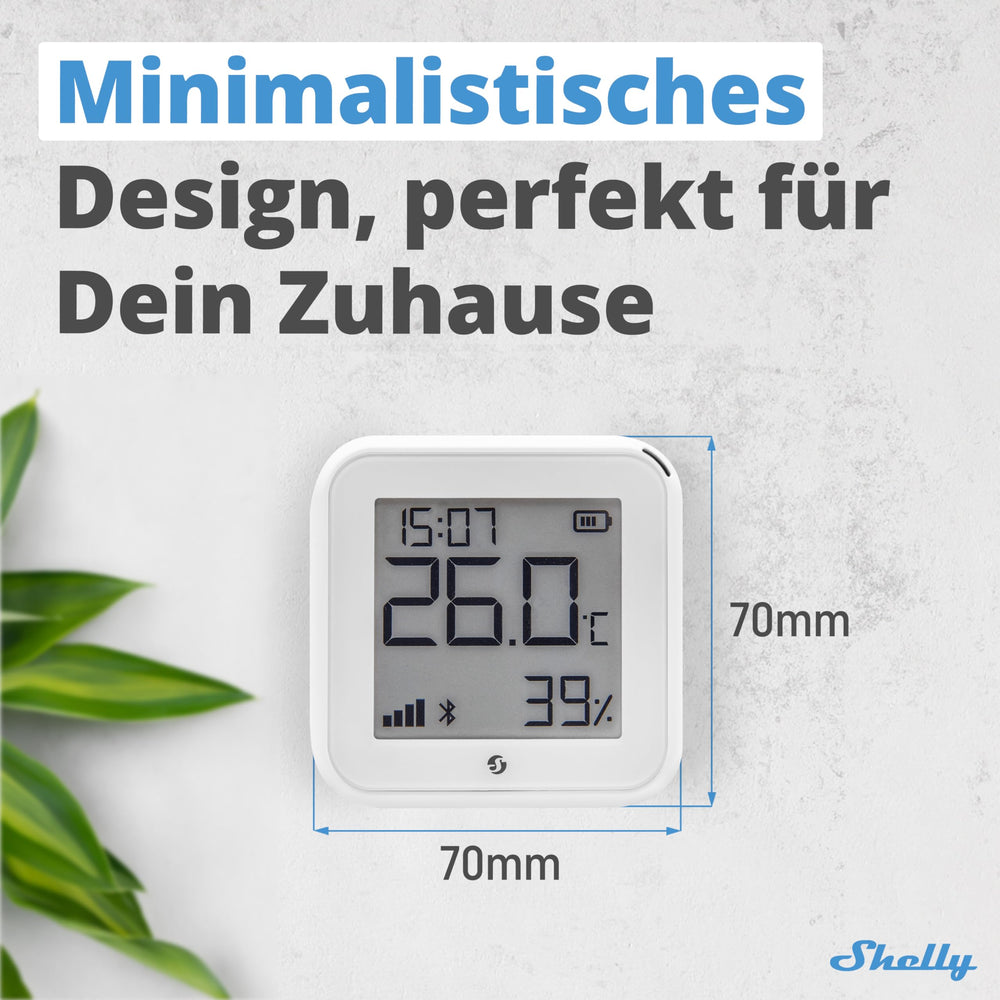 Shelly H&T Gen3 e‑paper display closeup showing readable humidity and temperature for quick checks