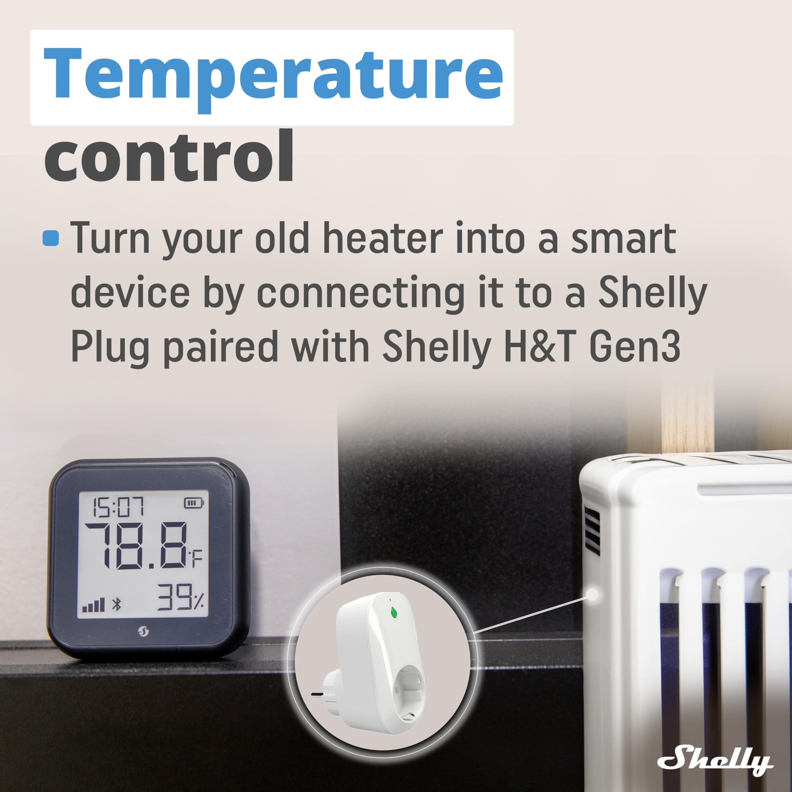 Shelly H&T Gen3 e‑paper display closeup showing readable humidity and temperature values