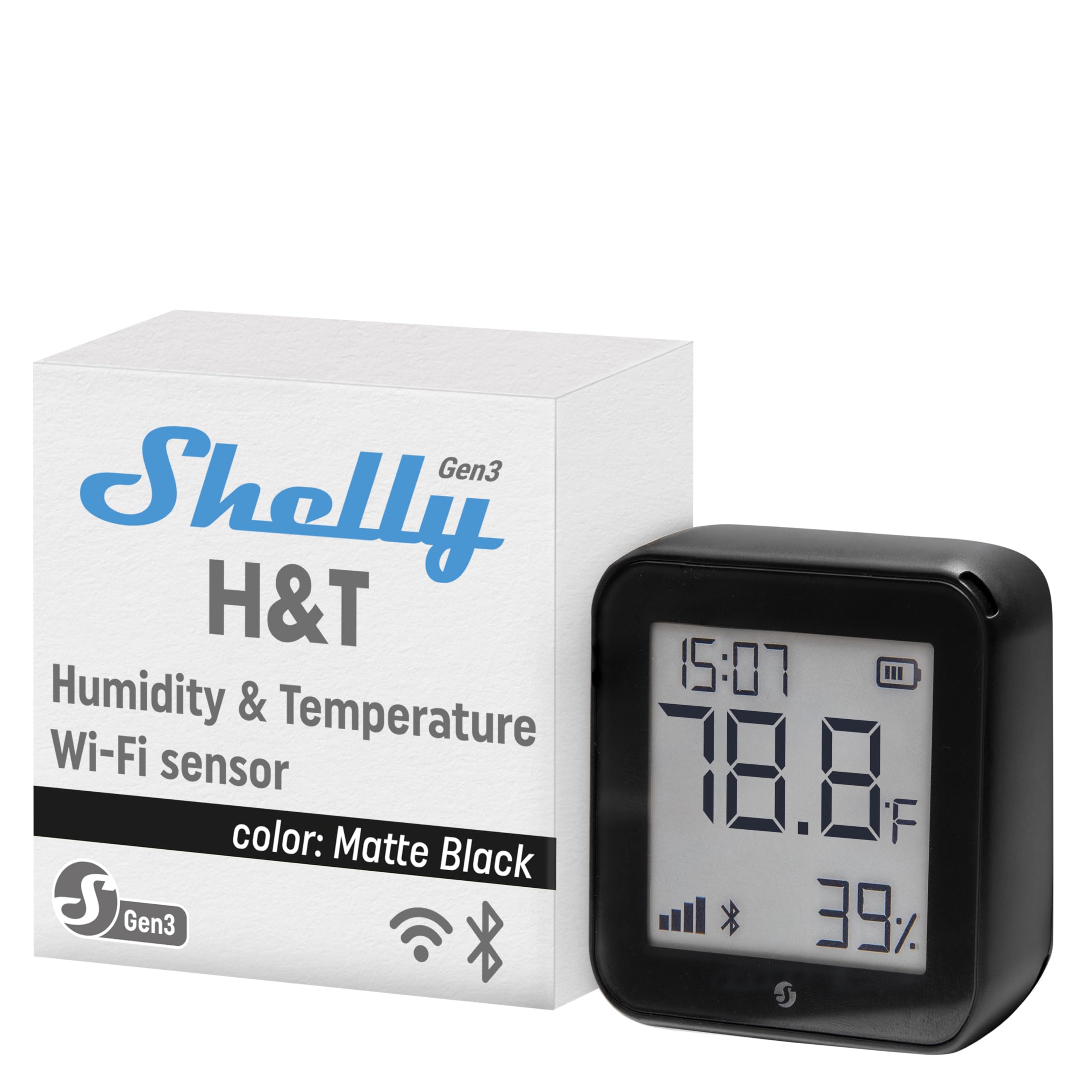 Shelly H&T Gen3 front panel showing compact sensor and label, clear identification benefit