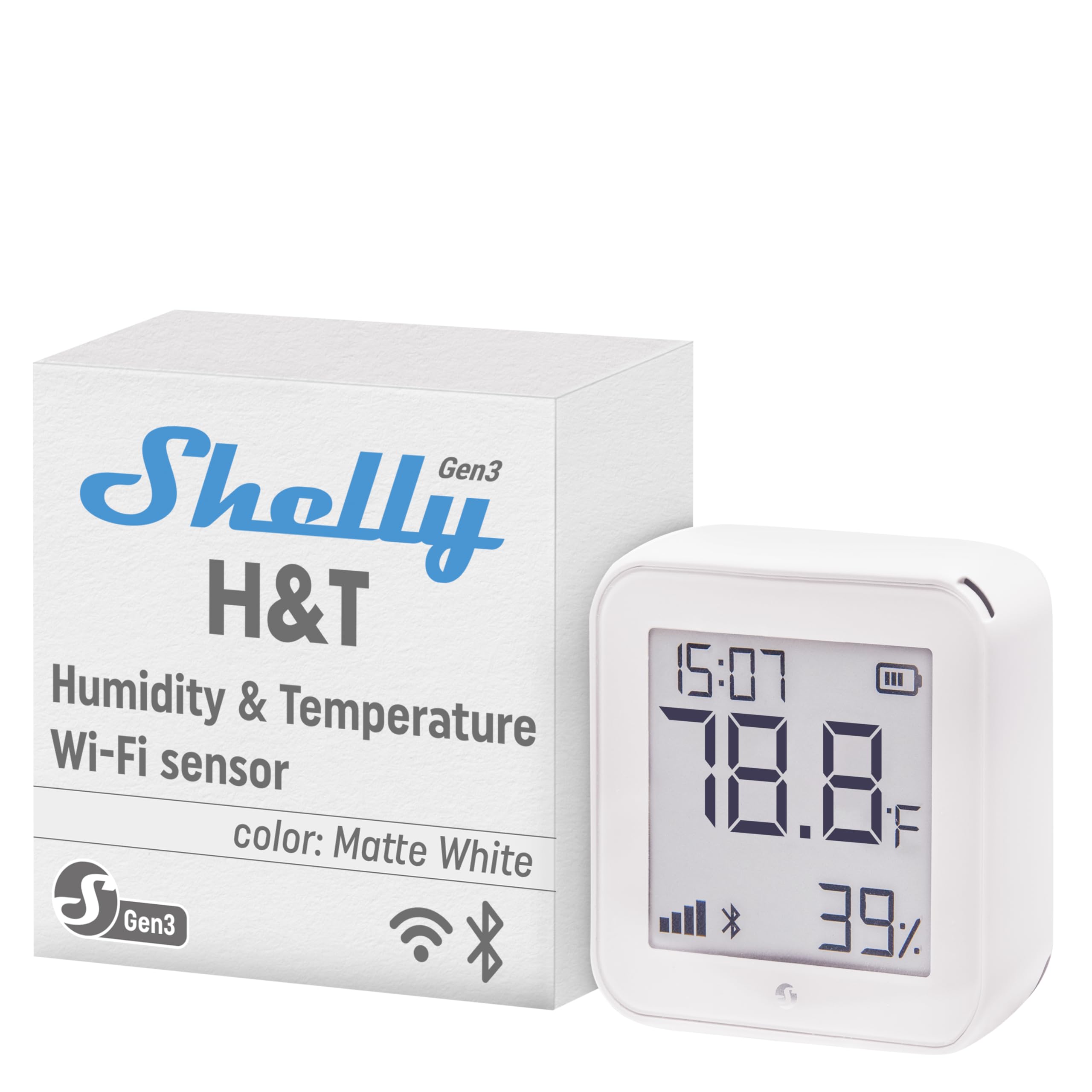 Shelly H&T Gen3 front view showing compact sensor and clear display benefit: easy monitoring