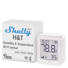 Shelly H&T Gen3 front view showing compact sensor and clear display benefit: easy monitoring